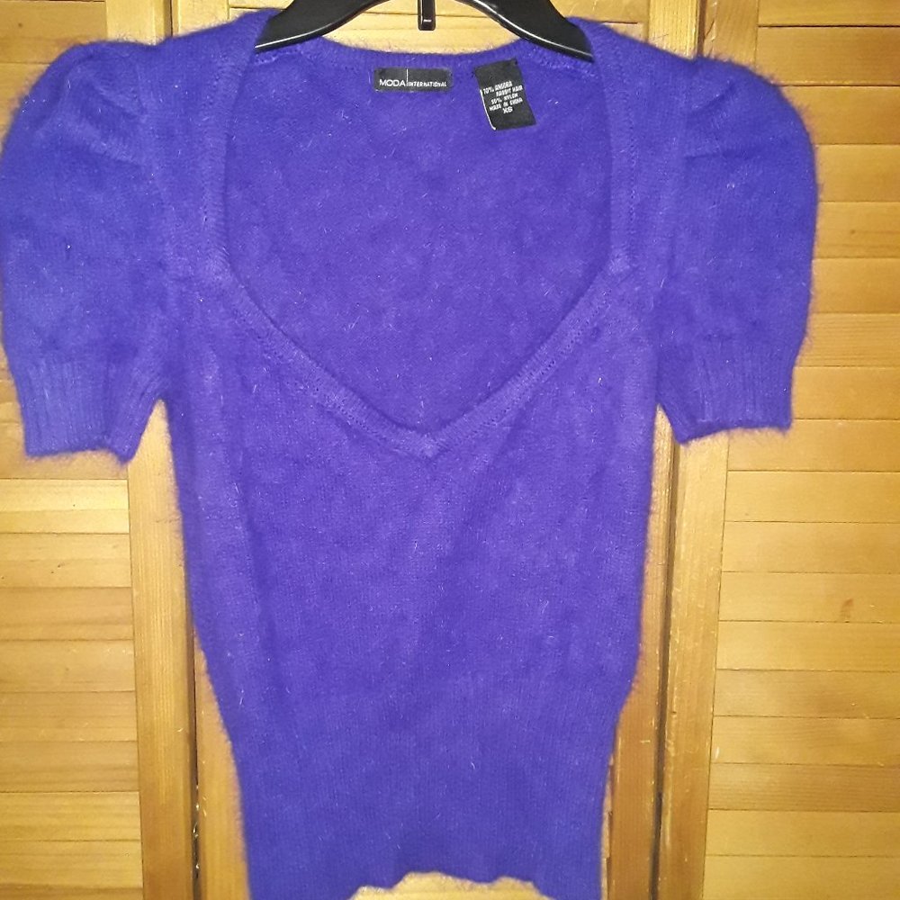 Moda International SZ XS Purple Angora Rabbit Hair Low V Neck Sweater Soft!